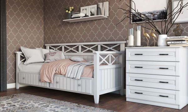 Фото Кровать односпальная Амелия (СМ 80х200) с выдвижными ящиками, без основания с универсальными царгами от производителя Браво-мебель в Саках по цене 29 730 ₽